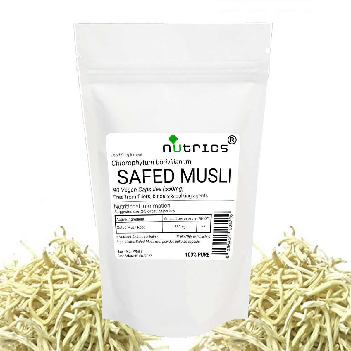 Nutrics® Safed Musli 550mg 90 Vegan Capsules (1 Month Supply) - Supplement - Suitable for Vegan Vegetarian Diet