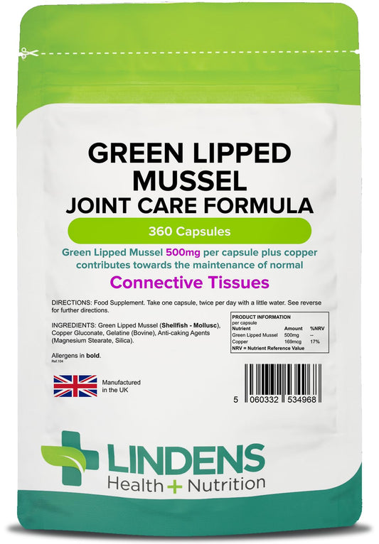 Lindens Green Lipped Mussel 500mg Capsules - 360 Pack - Joint Care Formula in Convenient, Rapid Release Capsules - UK Manufacturer, Letterbox Friendly Beige