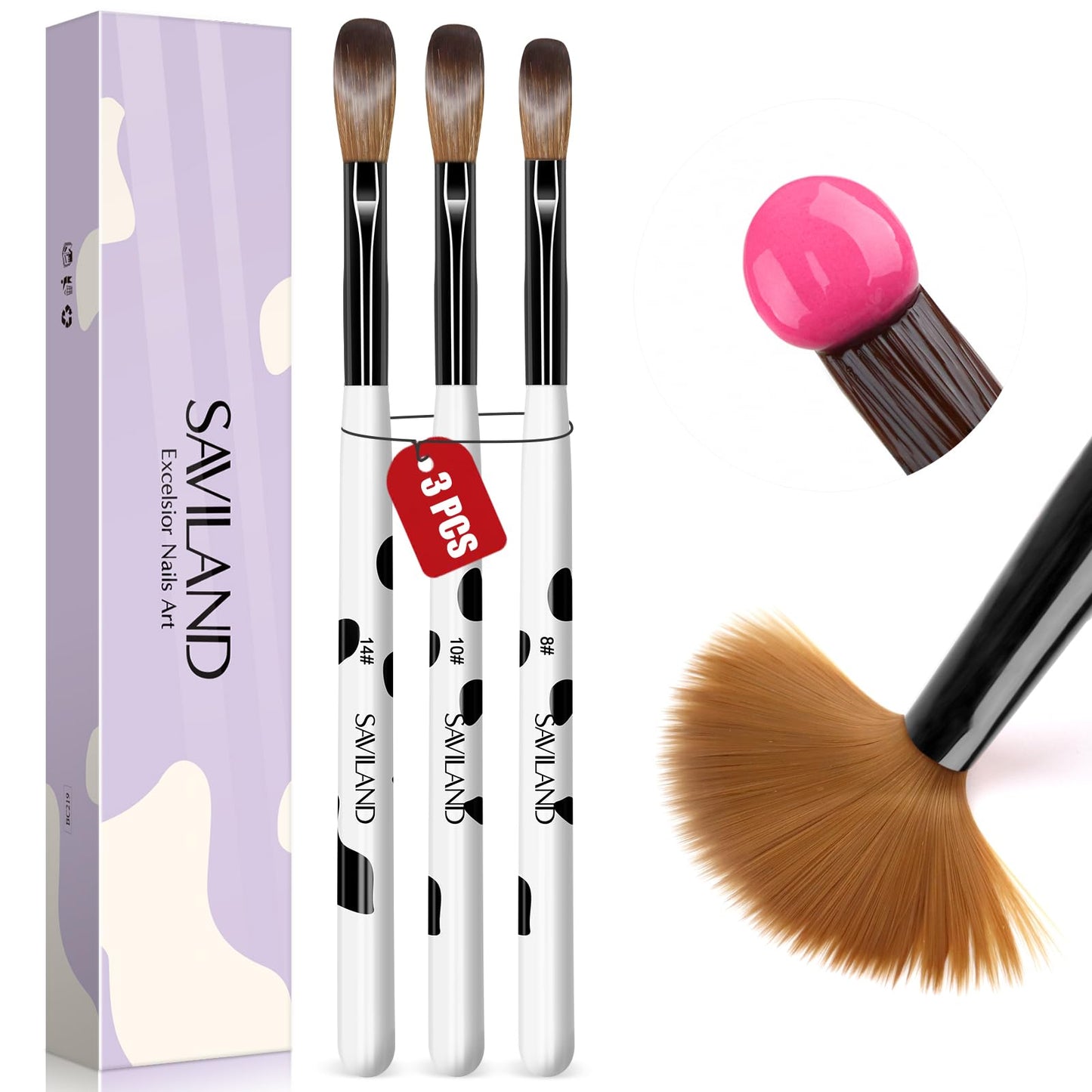 Saviland Acrylic Nail Brush Set: 3pcs Professional Nail Brush for Acrylic Powder Nails Kolinsky Acrylic Brush Wooden Handle Nail Art Brushes Nail Tools Kit Size 8/10/14, Christmas Women Gift Set