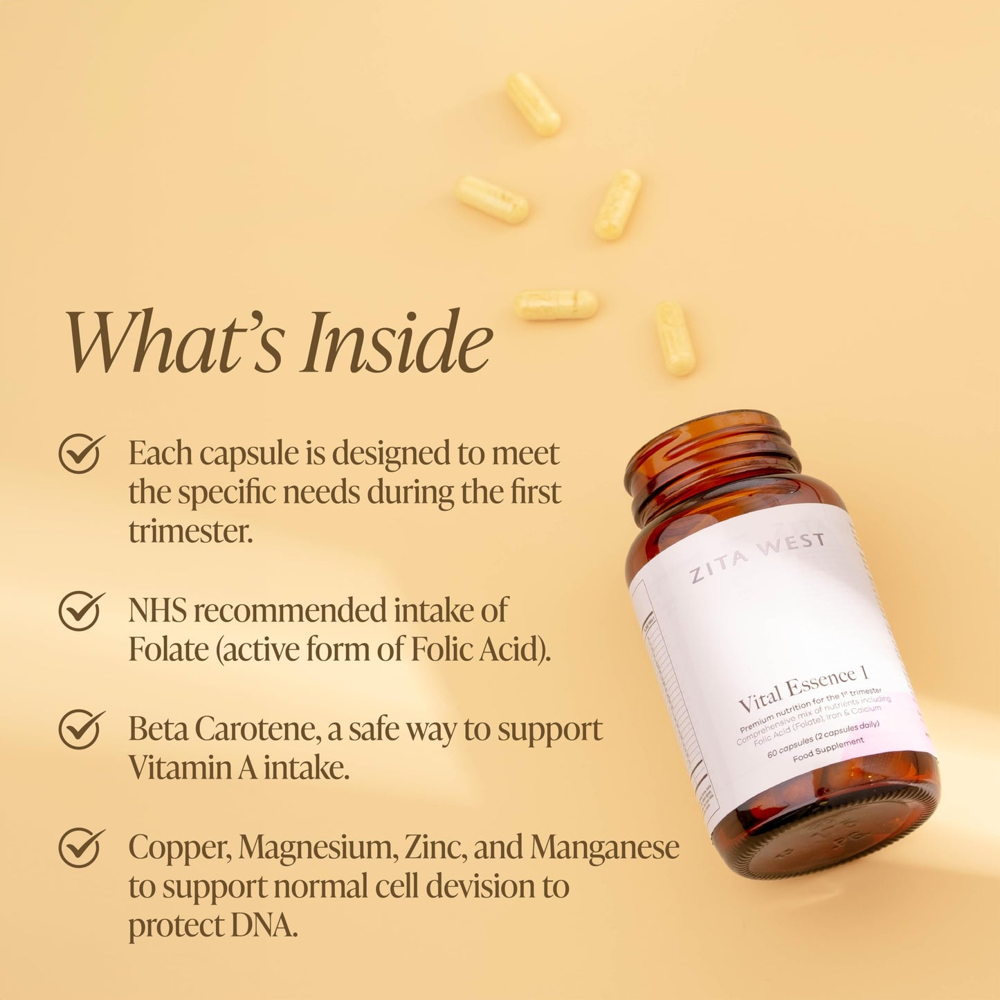 Zita West Vital Essence 1 - Premium First Trimester Pregnancy Vitamin & Mineral Support, Essential for Early Pregnancy - 60 Capsules (1 Month Supply)