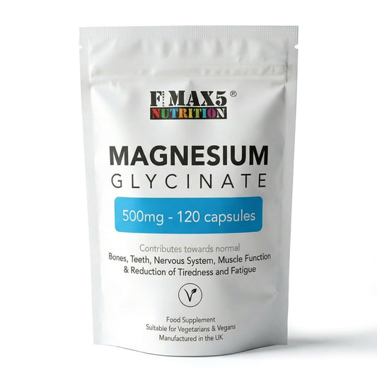 formula max5 nutrition Magnesium Glycinate 500mg Supplements as Bisglycinate, 120 Vegan Capsules, High Absorption / Bioavailability - 100mg Elemental, UK Made