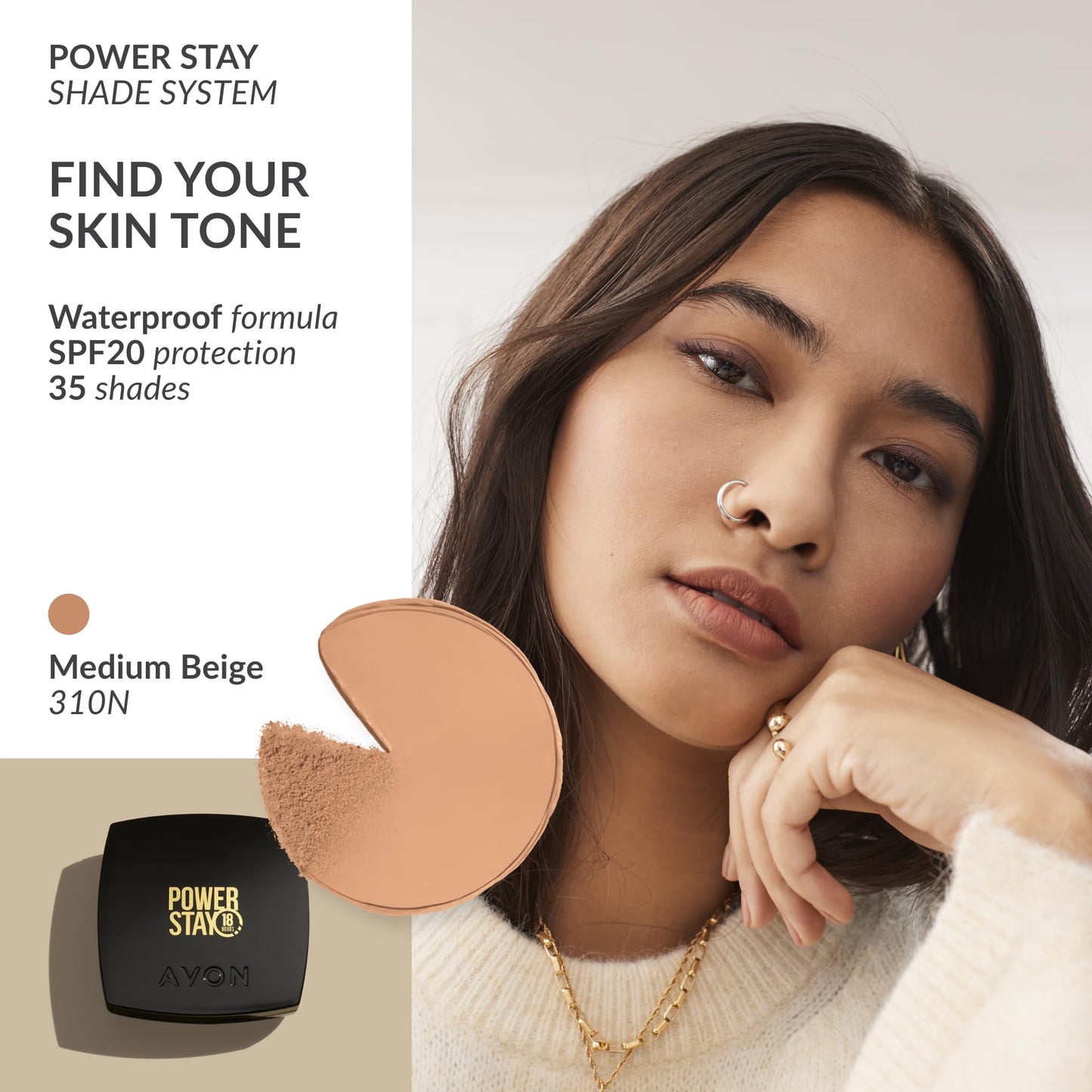 AVON Avon Cream To Powder 3-in-1 Foundation, Concealer and Powder, Long Lasting Foundation Compact, Natural Looking Base that Lasts, SPF 15, 310N, Medium Beige