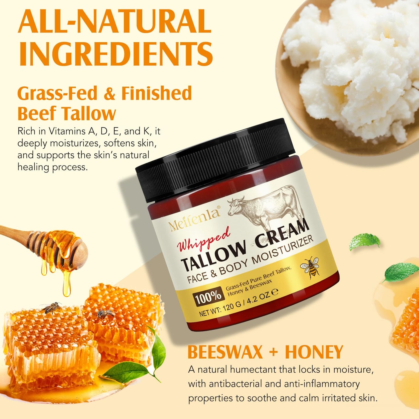 herlosfeel Whipped Beef Tallow Skin Care,120g Beef Tallow Moisturiser And Raw Honey Balm, 100% Organic Tallow Face Cream Grass Fed Butter, Beef Tallow For Skin-Deeply Nourishing For Face & Body Tallow Balm