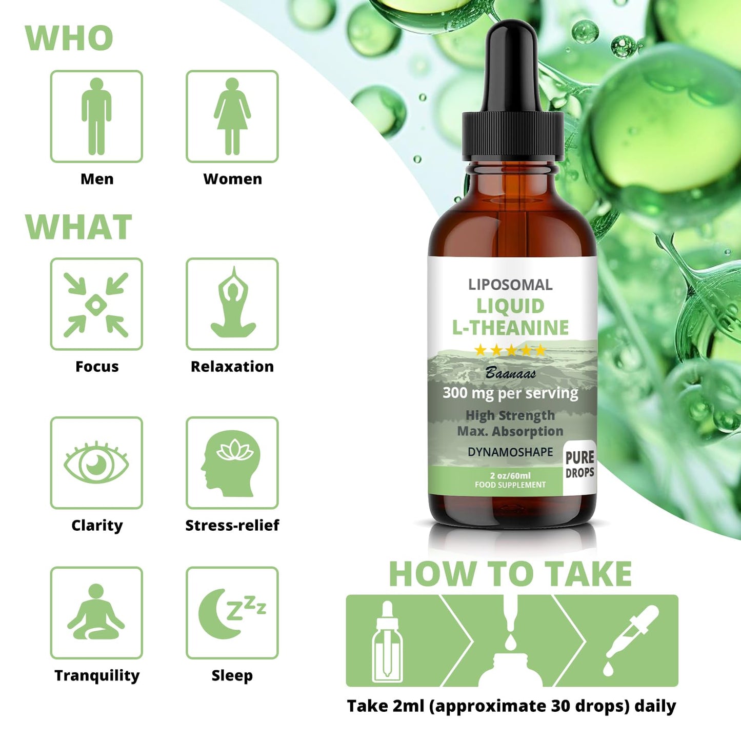 baanaas For Babies to Nanas LIPOSOMAL Liquid L-Theanine Drops for Stress Relief, Relaxation, Focus Without Drowsiness with MAX Absorption, 350mg per Serving