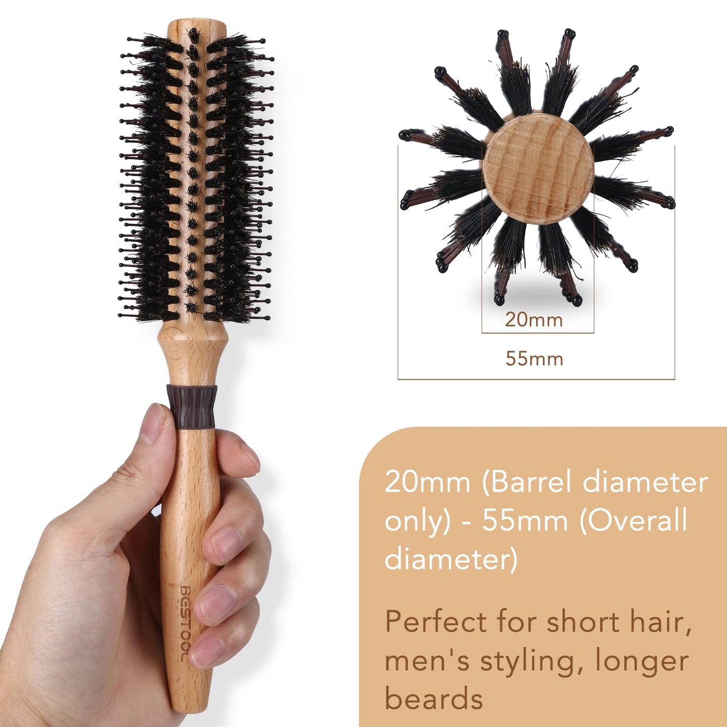 BESTOOL Round Brush for Blow-Drying, Boar Bristles with Nylon Pins Round Hair Brush, Professional Round Styling Brush for Women and Men, Straightening, Curling, Improving Hair Texture (Barrel 20mm)