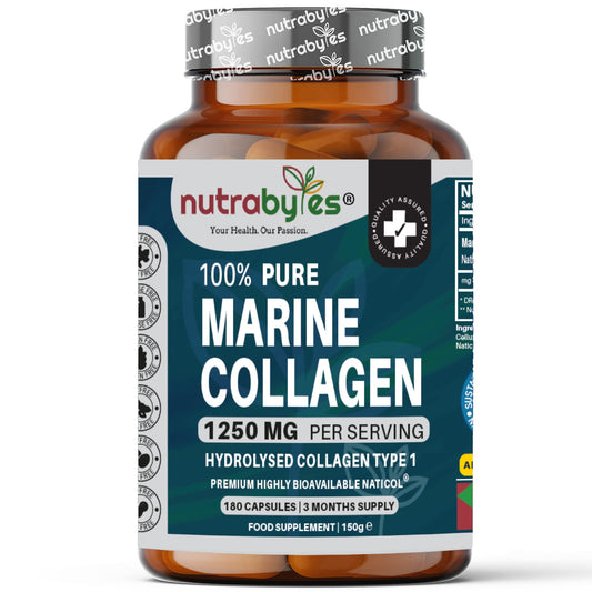 High Strength Marine Collagen Capsules - 1250mg Hydrolysed Collagen Supplement - Type 1 Hydrolysed Collagen Peptides - 180 Collagen Capsules - 3 Months Supply - Collagen Supplements for Women & Men