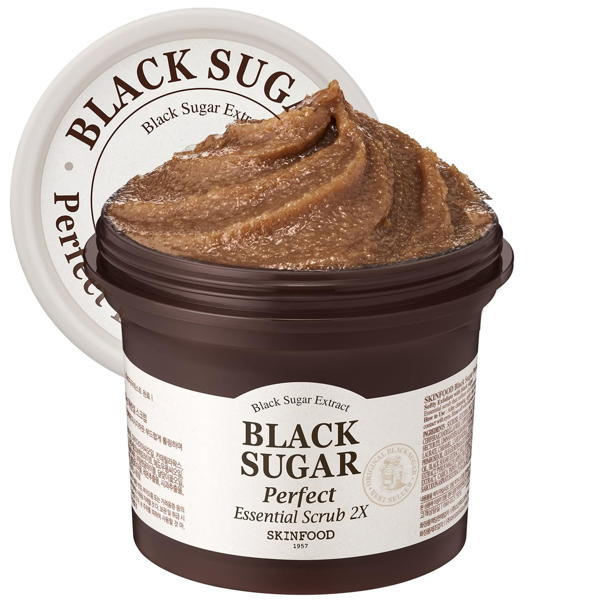 SKIN FOOD since 1957 SKINFOOD Black Sugar Perfect Essential Scrub 210g - Facial Exfoliating Massage Scrub w/o Irritation - Removes Blackheads & Dead Skin Cells - Sugar Scrub Body Exfoliator for Men & Women (7.4 fl.oz.)