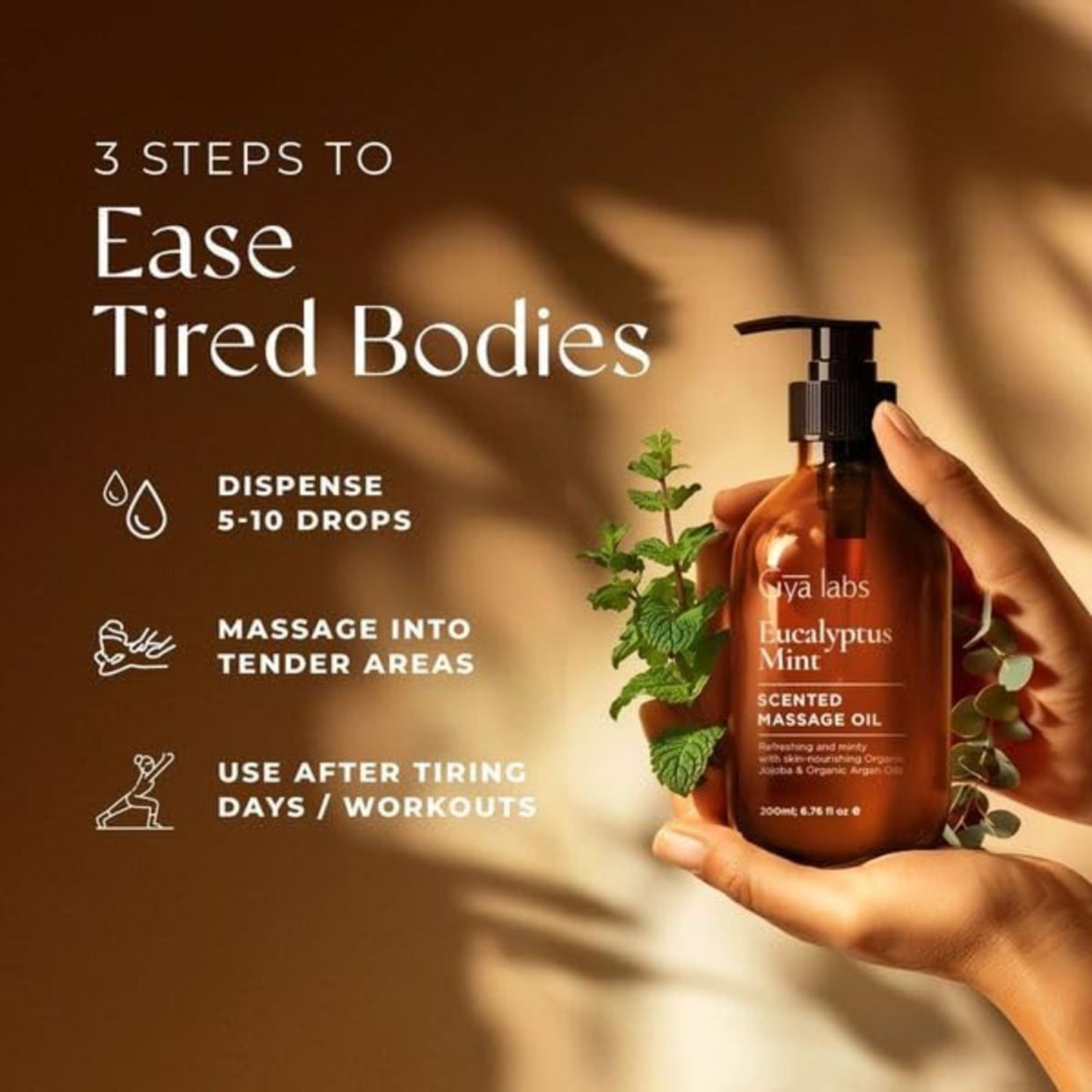 Gya Labs Eucalyptus Mint Massage Oils for Massage Therapy - Refreshing Aromatherapy Body Massage Oil for Sore Muscles - Jojoba, Argan, Sunflower, Almond, Vitamin E & Eucalyptus (200 ml)