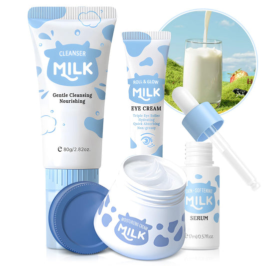 Milk Skin Care Sets & Kits For Teen Girls, 4PCS Skin Care Routine Set With Cleanser, Serum, Eye Cream, Cream For Women, Shrink Pores & Moisturizing, Face Skincare Kit Travel Size For Fine Lines, Acne.