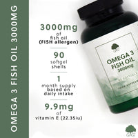 Omega 3 Fish Oil - 3000mg of Fish Oil per 3 Softgel Dose - 90 Softgels -| Source of EPA and DHA Omega 3 - Non-GMO, Made in The UK - G&G Vitamins
