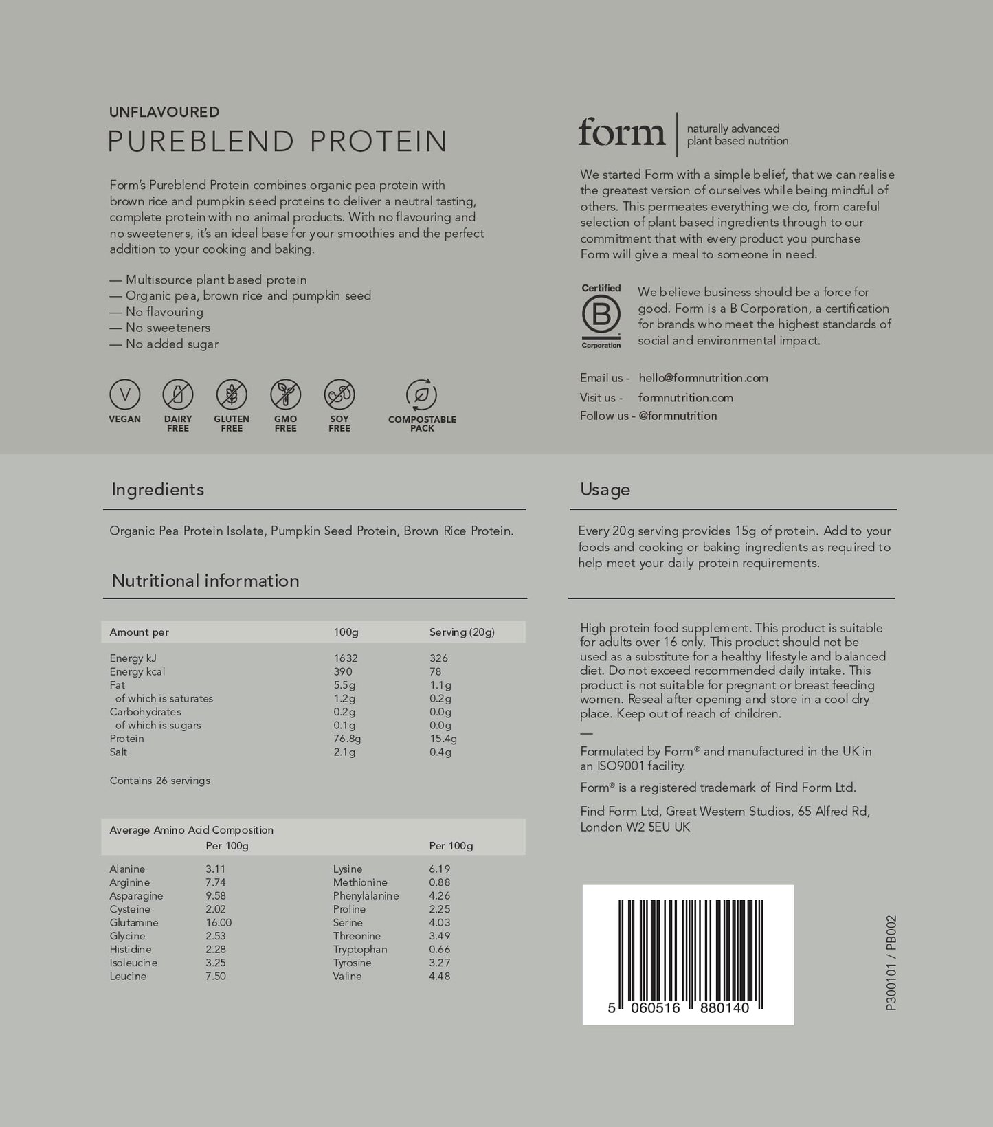 Form Pureblend Protein - Unflavoured and Unsweetened Vegan Protein Powder - 15g of Plant Based Protein per Serving. Perfect for Your Smoothies, Cooking and Baking.