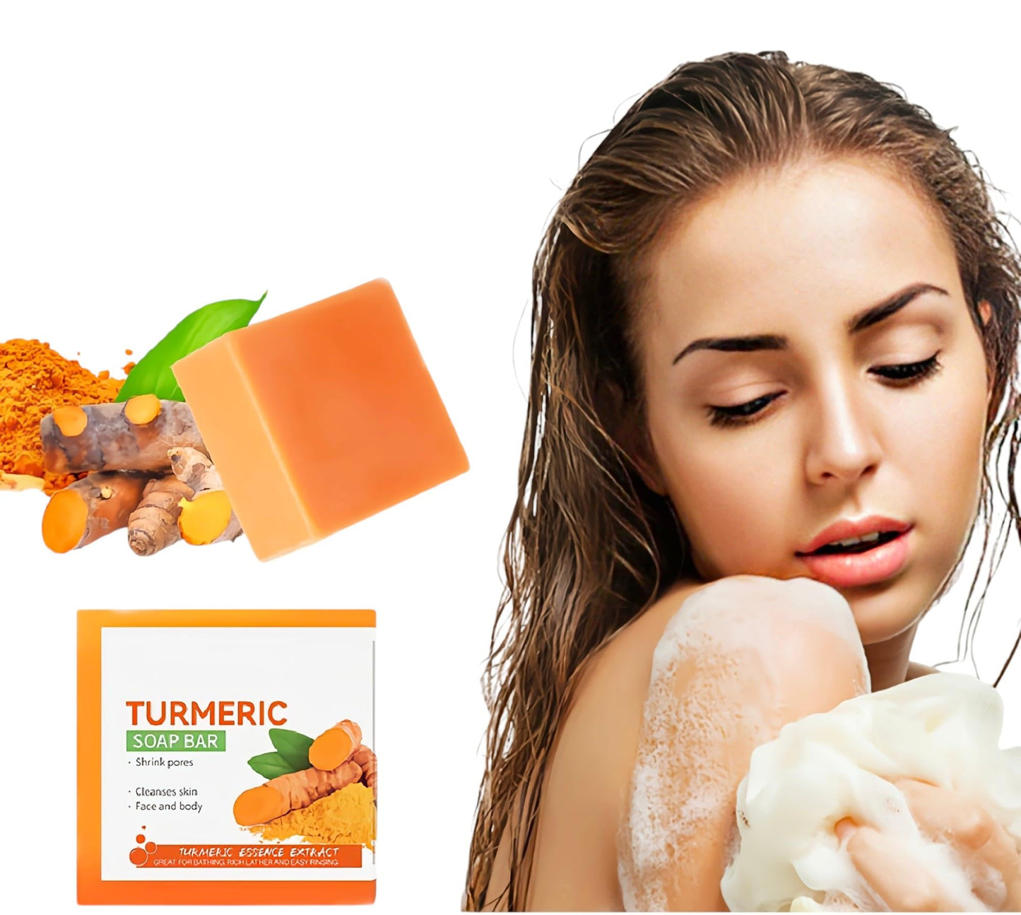 Anshenger Turmeric Handmade Soap, Facial Soap, Gentle Skin Care Essential Oil Soap, Body Cleanser, Anti-Acne, Shrink Pores, Deep Cleansing, Moisturizing, Firming, With Foaming Net, Suitable For Body And Face
