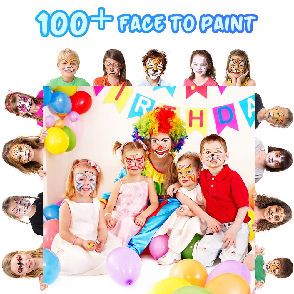 ACWOO Face Paints for Kids, 16 Colors Professional Face Body Painting Kit with 1 Gem Sheet, 2 Glitters, 3 Stencils, 3 Brushes, 4 Sponges, Water Based Face Paint for Halloween, Party, Cosplay