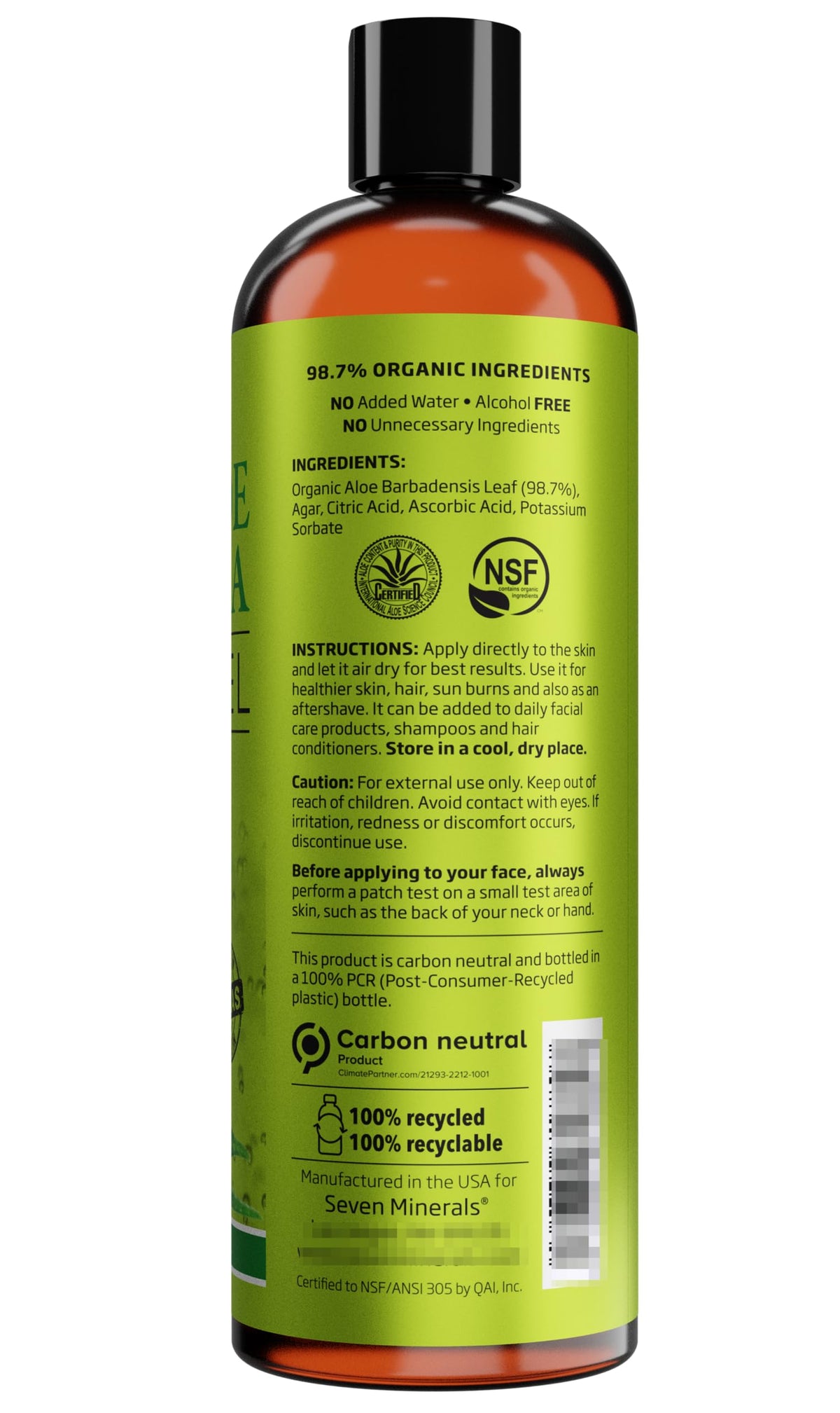 Seven Minerals Organic Aloe Vera Gel with 100% Pure Aloe from Freshly Cut Aloe - NO ACRYLATES & CROSSPOLYMERS, so it absorbs Rapidly with No Sticky Residue - Big 355 ml / 12 fl oz