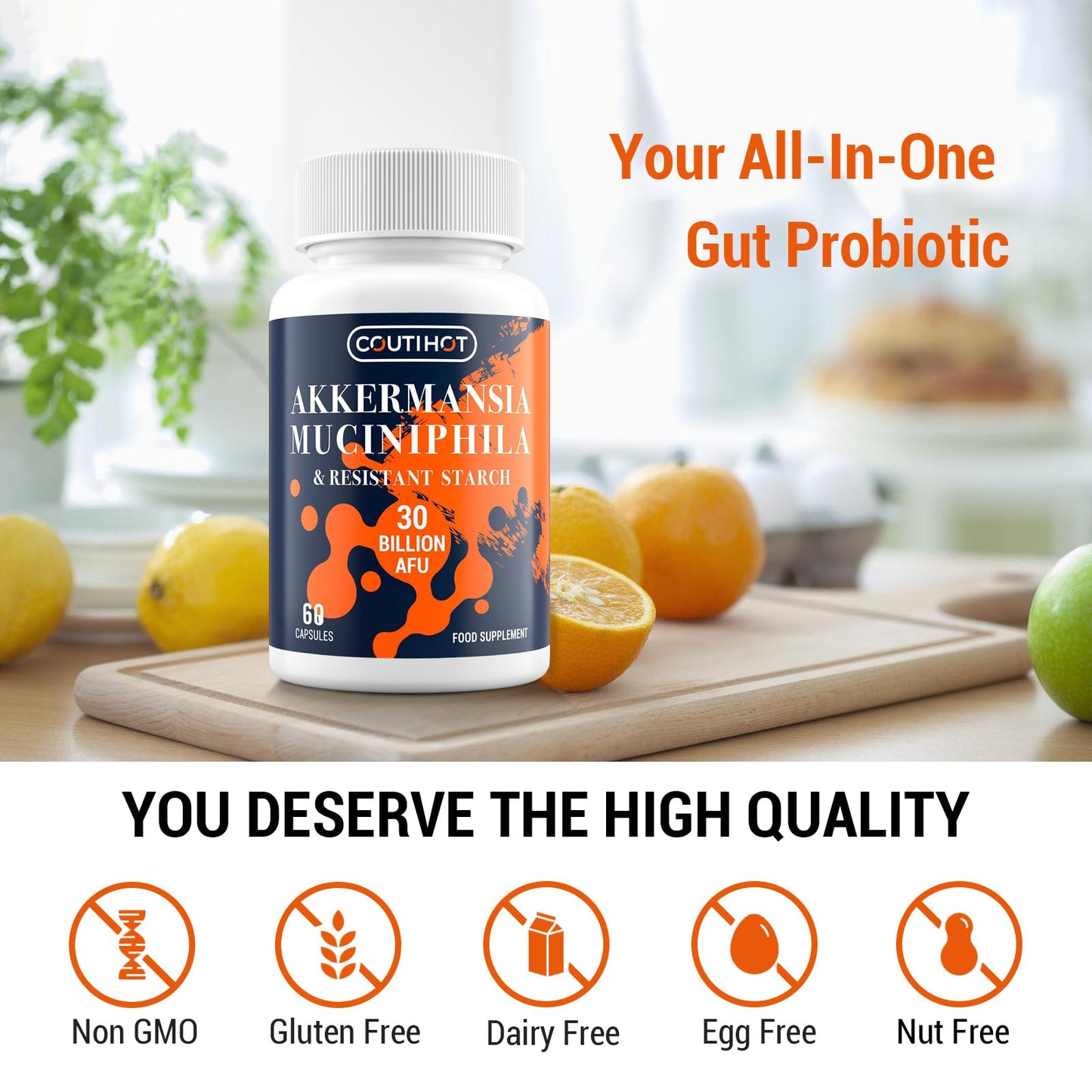 Coutihot Akkermansia Probiotic 30 Billion AFU, Probiotics for Gut Health, Akkermansia Muciniphila & Resistant Starch, Probiotic Supplement for Men & Women, Supports Digestive and Gut Lining, 120 Capsules