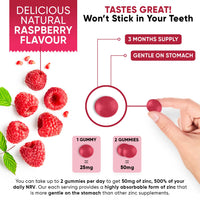 Zinc Gummies 25mg per Gummy – 90 Vegan Zinc Citrate Gummies - Natural Raspberry Flavour – Better Alternative to Bitter Zinc Tablets - Immunity, Skin & Hair Gummies - Zinc Supplement for Men & Women