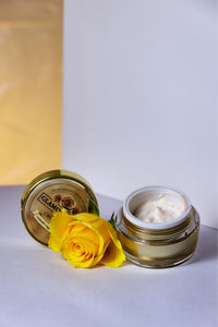 Luxury anti-ageing face cream with 24k gold flakes and hyaluronic acid and collagen. Proud UK manufacturer UKCP-72916130.
