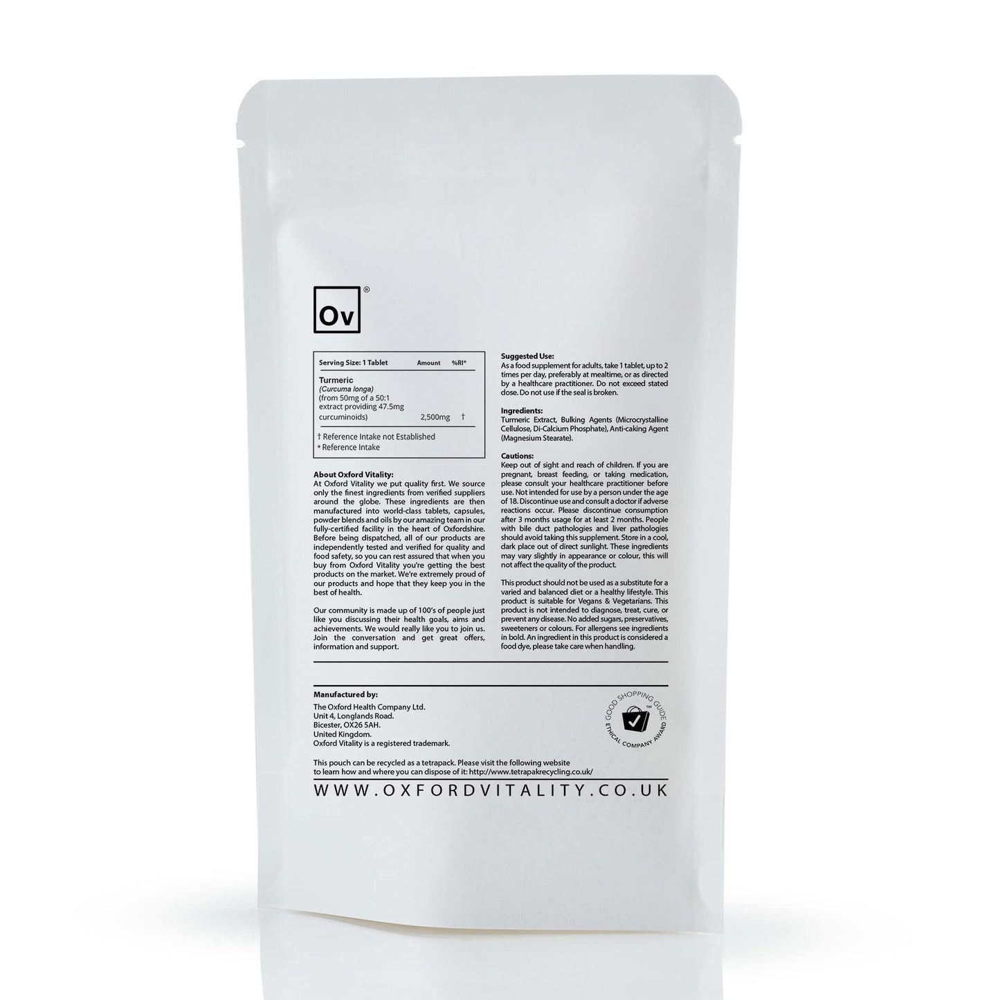 Ov OXFORD VITALITY Turmeric Tablets | High Strength 2,500mg | 95% Curcumin Supplement | for Inflammation Digestive Health & Joint Support | Made in The UK - Oxford Vitality