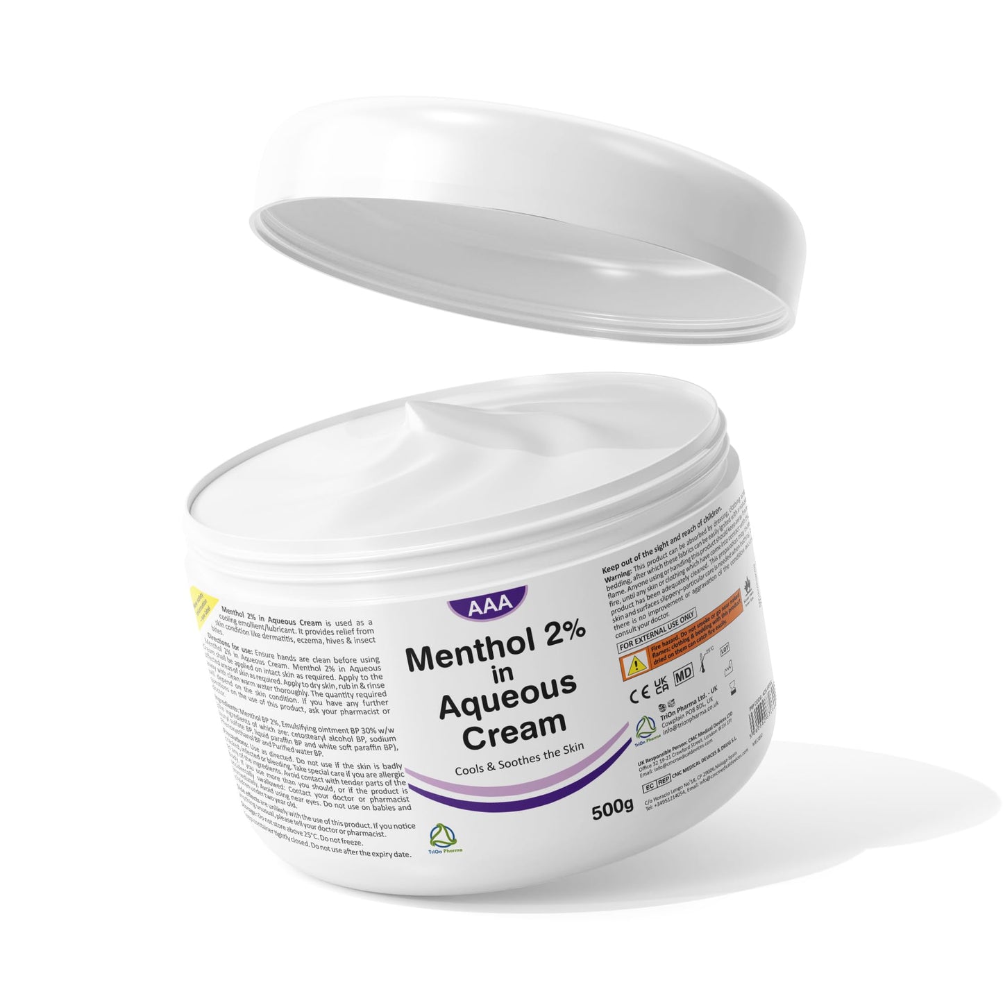 TriOn Pharma Aqueous Cream with Menthol 2% - 500g | Cooling Emollient for Softening & Soothing Skin | External Skin Cleansing Agent