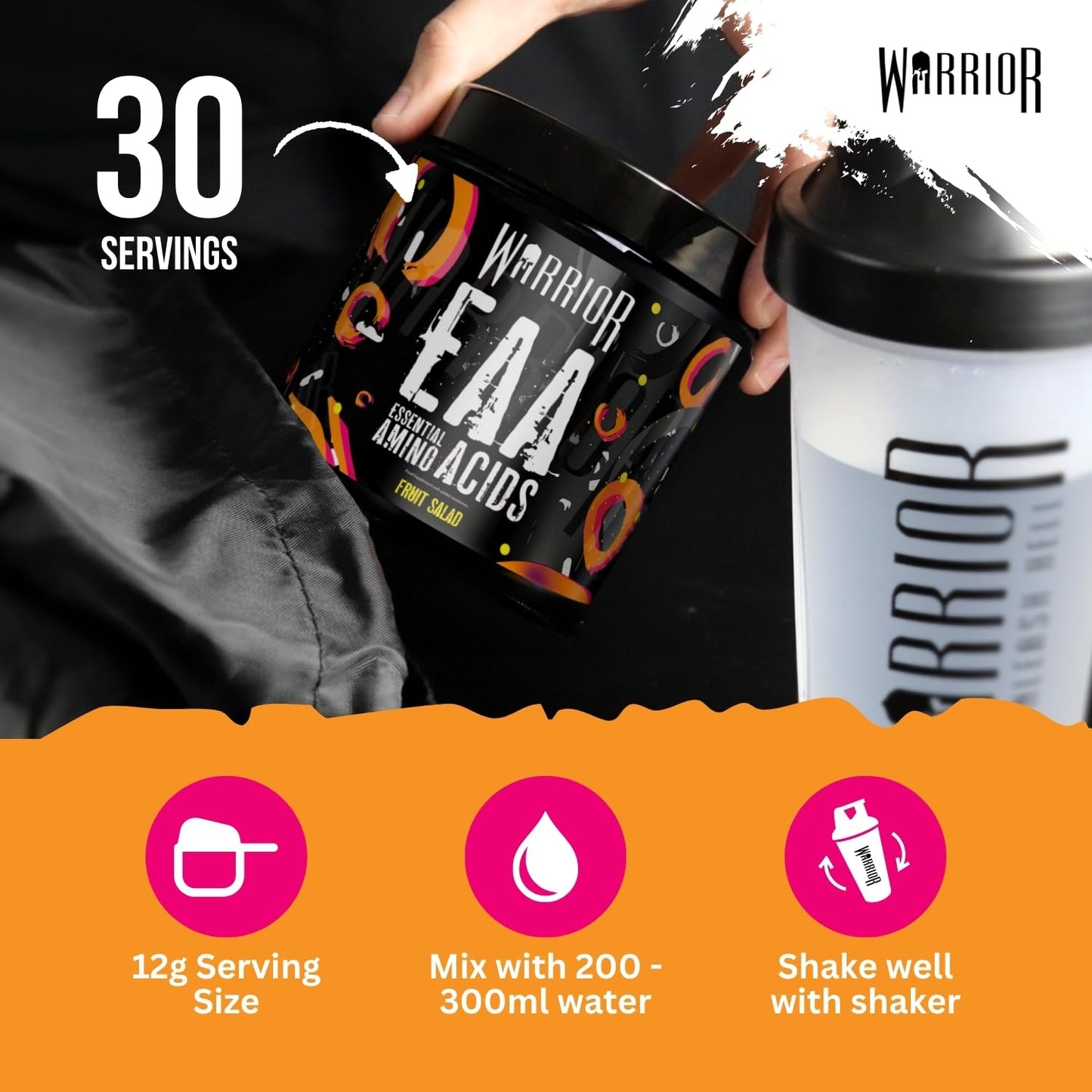 Warrior EAA Amino Acids Powder, 360g – Essential Amino Acid Supplements for Intra Workout & During Exercise, Muscle Post-Training Recovery Drink, EAAs Hydration Support, 30 Servings, Fruit Salad