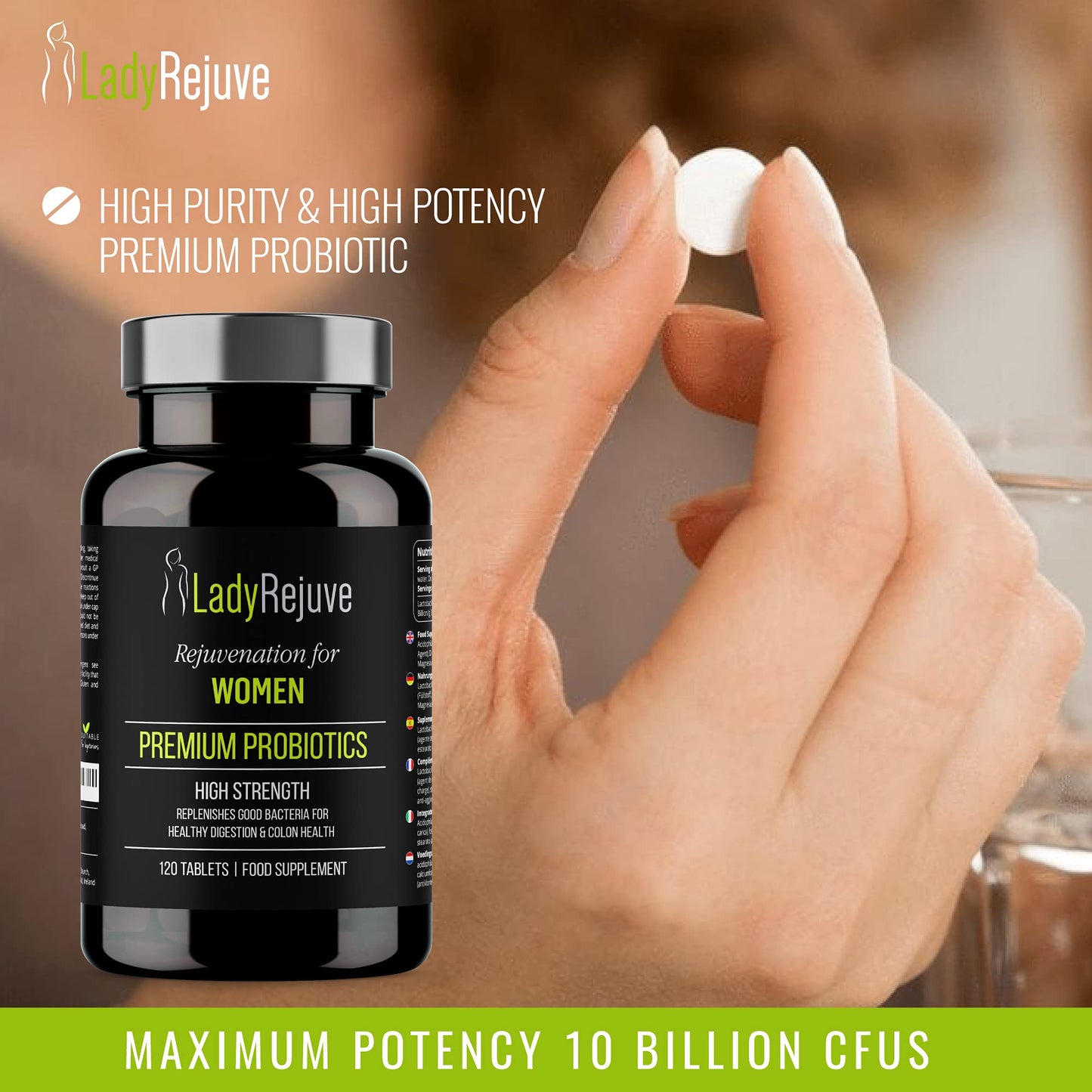 LadyRejuve Premium Probiotics | 120 Vegan Tablets | 10 Billion CFU - Specially Formulated Probiotic Supplement for Women | Supports Digestive Gut Health | Provides Constipation Relief for Adults