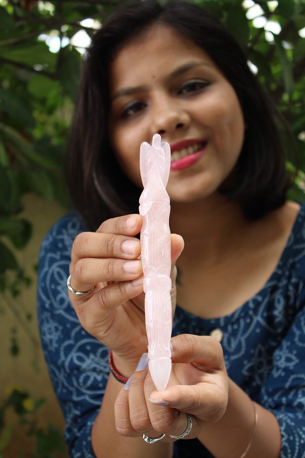 Jet International Angel Hand Carved Rose Quartz Crystal Healing Wand 5.5" Rare Stick Chakra Balancing Energy Reiki Meditation Massage Pagan Wicca Spiritual Tantra Metaphysical Psychic Health