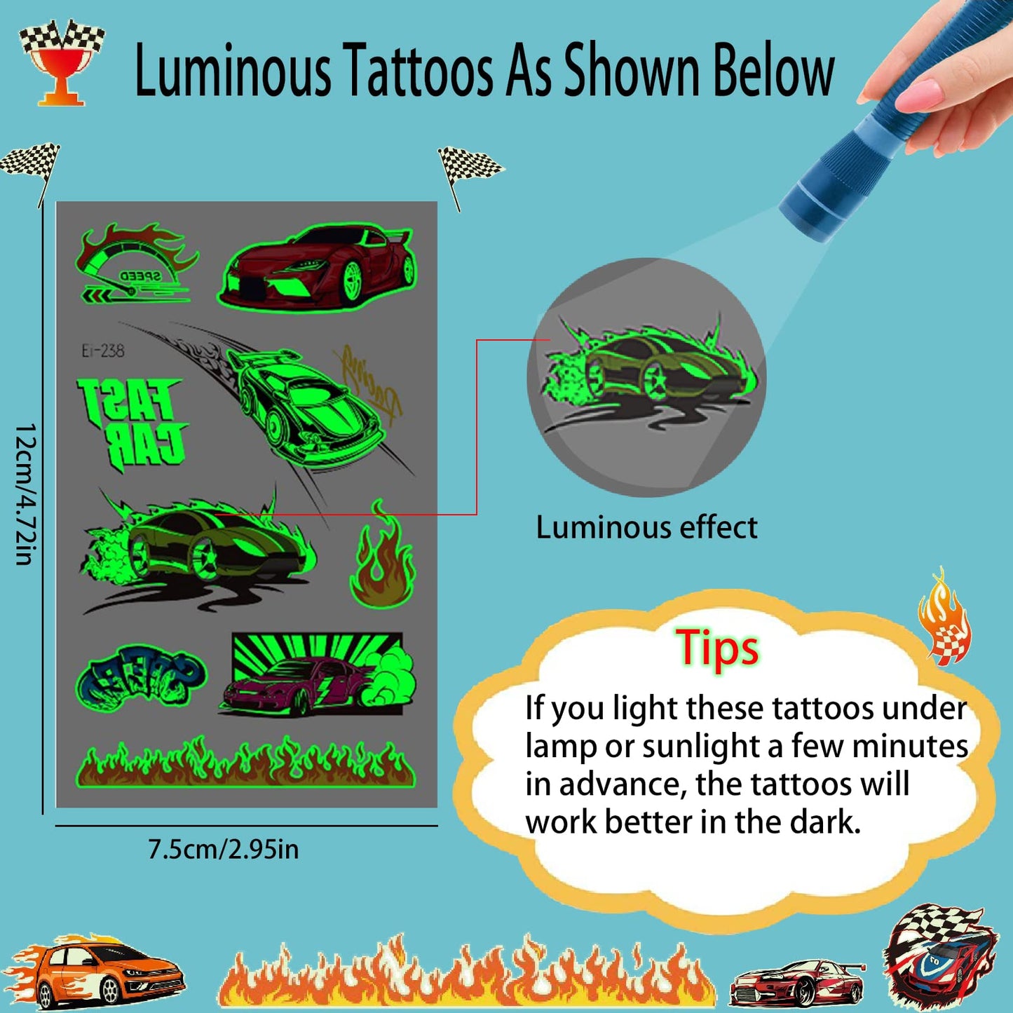 Deen Luminous Racing Car Kids Tattoos, 12 Sheets Glow In The Dark Temporary Tattoos for Boys, Birthday Party Favours