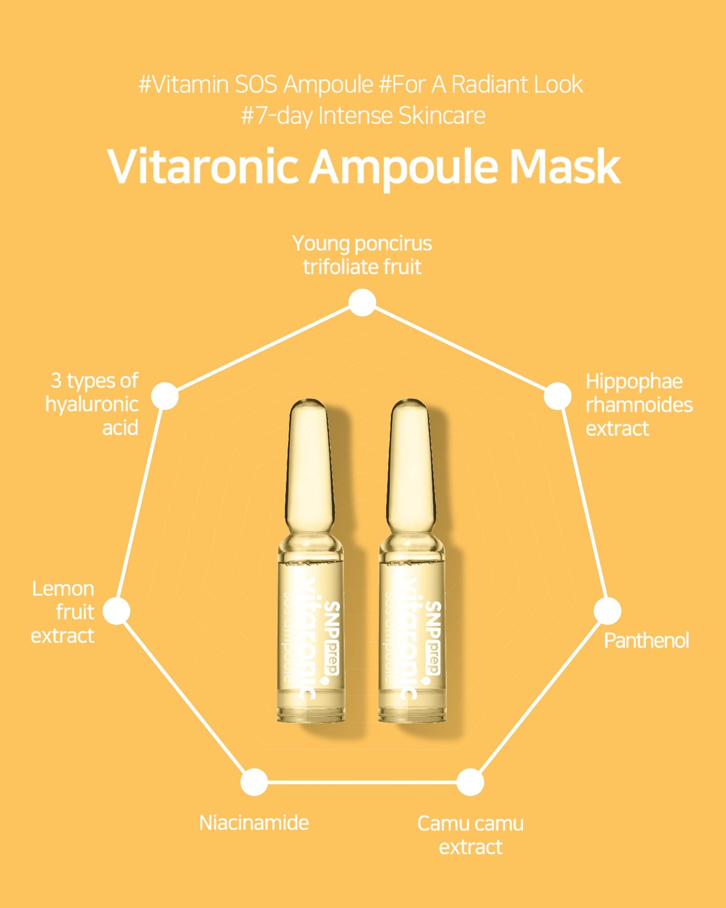 SNP Prep Vitaronic SOS Ampoule – Korean 7-Day Vitamin C Serum with Panthenol, and Hyaluronic Acid for Radiant Glow, Skin Vitality, and Dewy Hydration Care, 1.5ml x 7ea