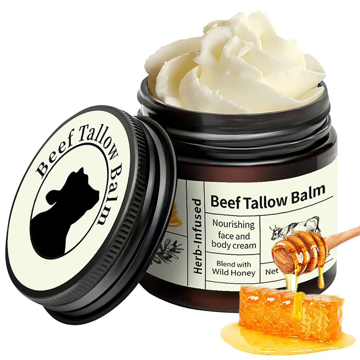 NatrLuxe Beef Tallow Honey Balm, Beef Tallow for Skin, Deeply Nourishing Grass Fed Tallow Balm, Beef Tallow Cream for Face & Body, Nourishing Beef Moisturiser for Dry Skin