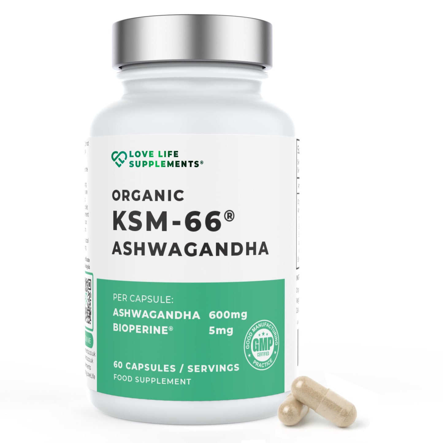 LOVE LIFE SUPPLEMENTS High Strength Organic Ashwagandha KSM-66®, 600mg per Capsule, 2 Month Supply - 60 Capsules, 5% Withanolides, Bioperine® for Increased Absorption, Zero Fillers, Lab Tested - Love Life Supplements