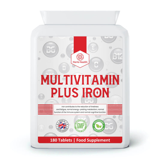 Multi-Vitamins Plus Iron - 180 Tablets - 6 Month Supply - Suitable for Vegetarians - Harla Health - Make in The UK - GMP Codes of Practice