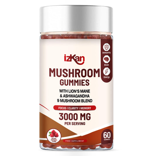Izkan Mushroom Complex Gummies 3000mg - Lion Mane & 9 Brain Health Mushrooms Gummies with Ashwagandha Supplement Promotes Calm Focus Memory Mood Immunity & Energy - 60 Count (Halal, Gluten-Free, Vegan) (1)