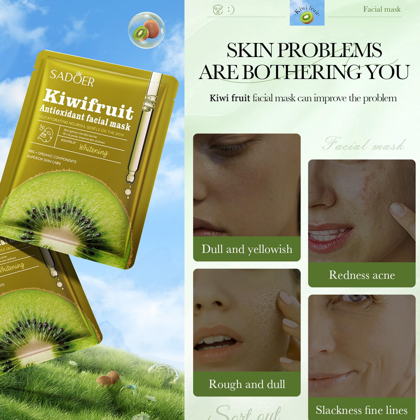 5Pcs Face Mask Facts Kiwi fruit | Brightens + Nourishes + Moisturizers | Vegan Mild Skin Deep Hydration Whitening and Antioxidant Sheet with Collagen and Natural Extracts for Radiant