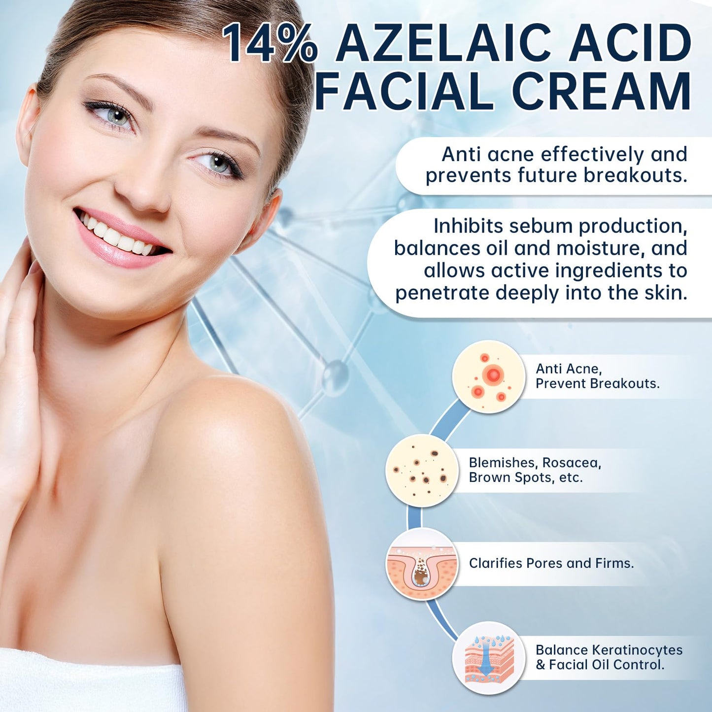 BECHOICEN Azelaic Acid face serum cream for Redness Relief,Dark Spots,Azelaic Acid Acne Cream with Niacinamide & Vitamin C,Acid 14% Facial Serum Balance Excess Sebum & Soothe Irritation,30ml