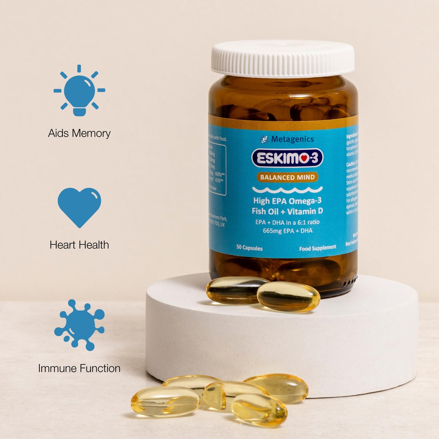 Metagenics Eskimo-3 Balanced Mind- High EPA Omega-3 Fish Oil + Vitamin D - 50 Capsules