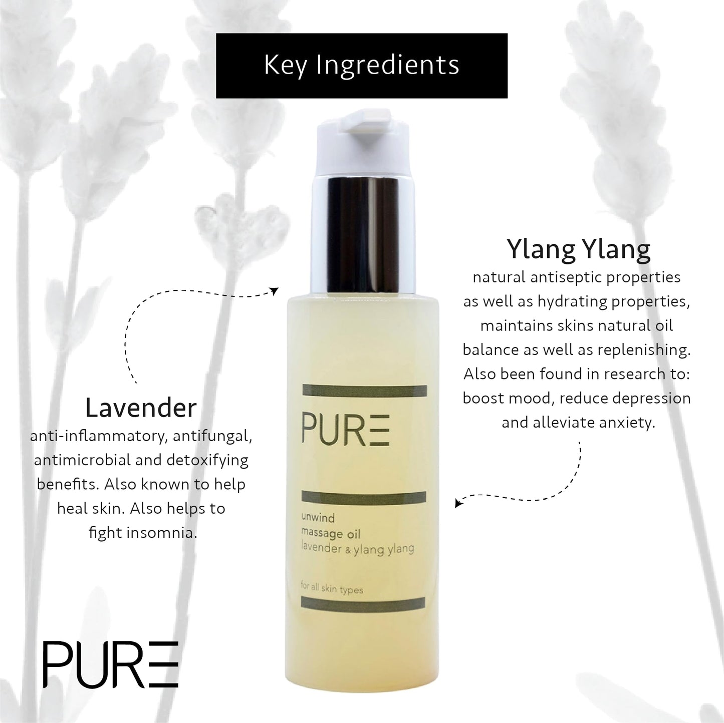 Unwind Body Oil by PURE Spa Skincare - Aromatic Blends of Lavender & Ylang Ylang - 100ml - Helps Reduce Stress & Anxiety and Improves Sleep - Body, Bath, Hair & Massage Oil - 100% Natural and Vegan