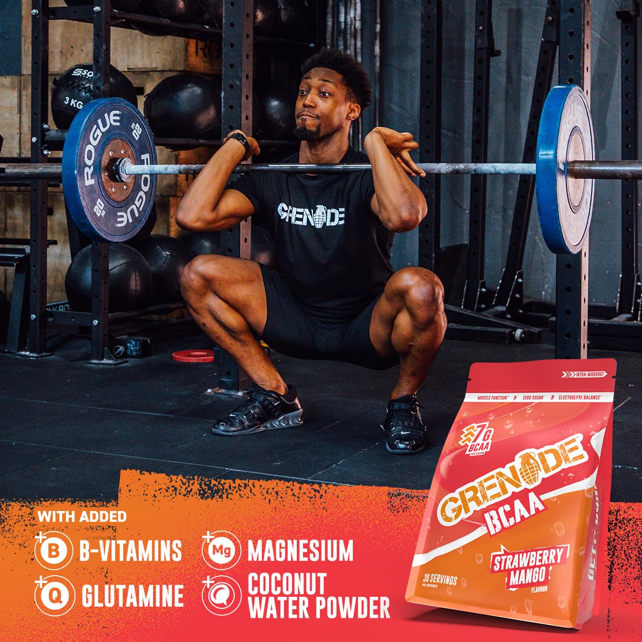 Grenade BCAA Intra Workout Powder, Zero Sugar plus Muscle Function & Electrolyte Balance Support (30 Servings) - Strawberry Mango, 390 g (Pack of 1)