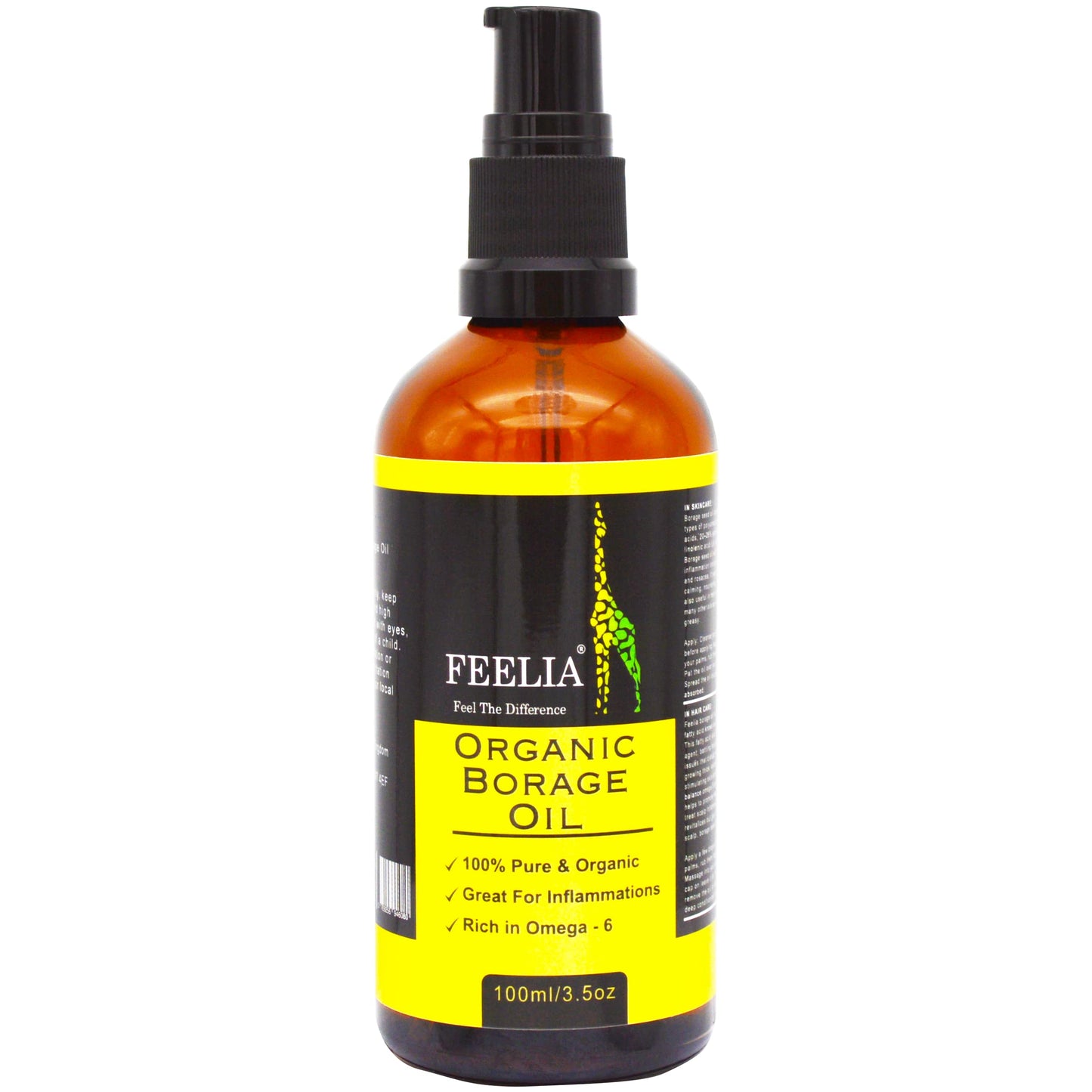 Feelia - Organic Borage Oil - Cold Pressed, Rich in Omega 6, Great for Inflammations, 100% Pure & Organic - 100ml