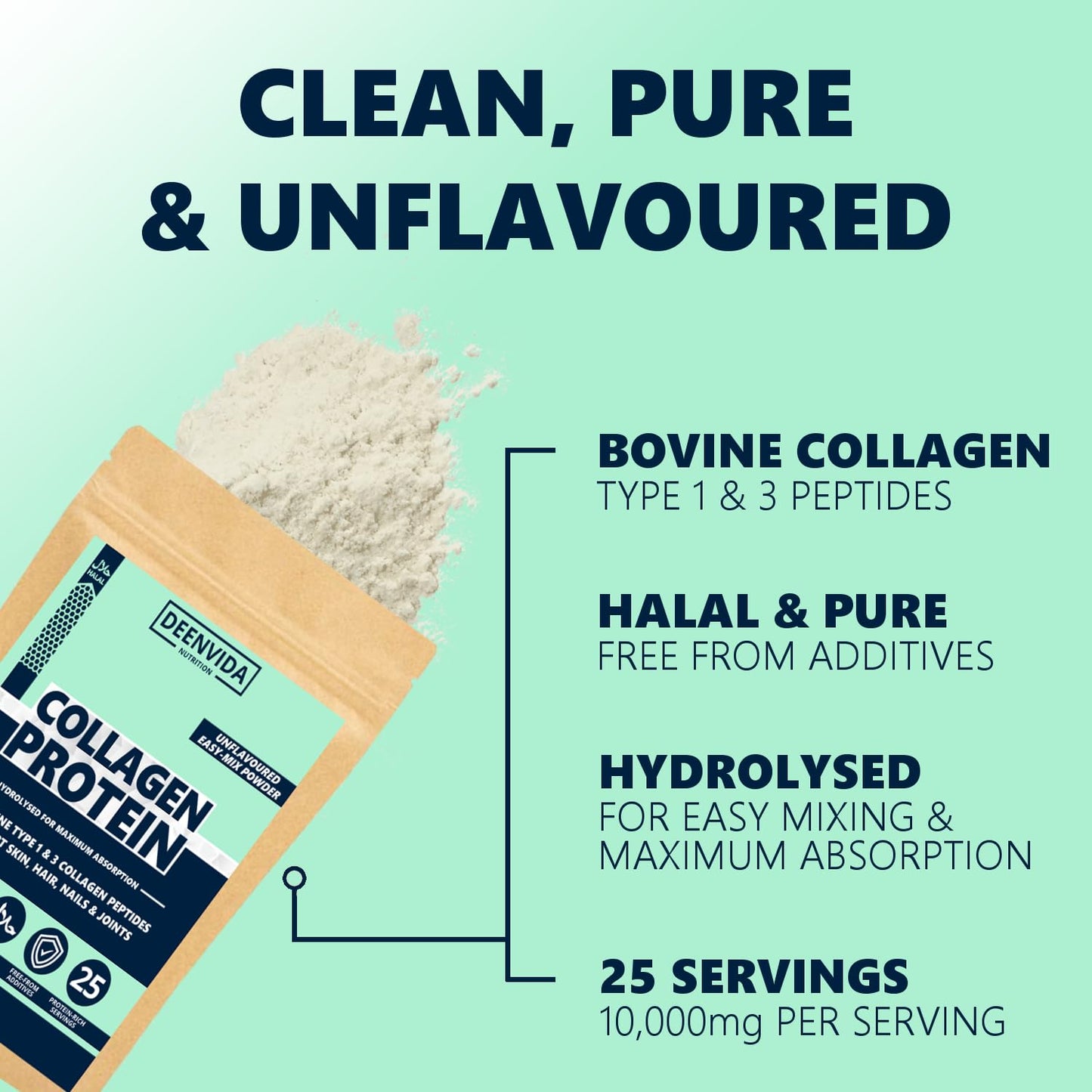 DEENVIDA NUTRITION Halal Bovine Hydrolysed Collagen Peptides Powder, Type 1 & 3 Collagen, for Hair, Skin, Nails and Joints, for Women & Men, Gluten-Free & Dairy-Free Protein, Unflavoured, DeenVida Nutrition