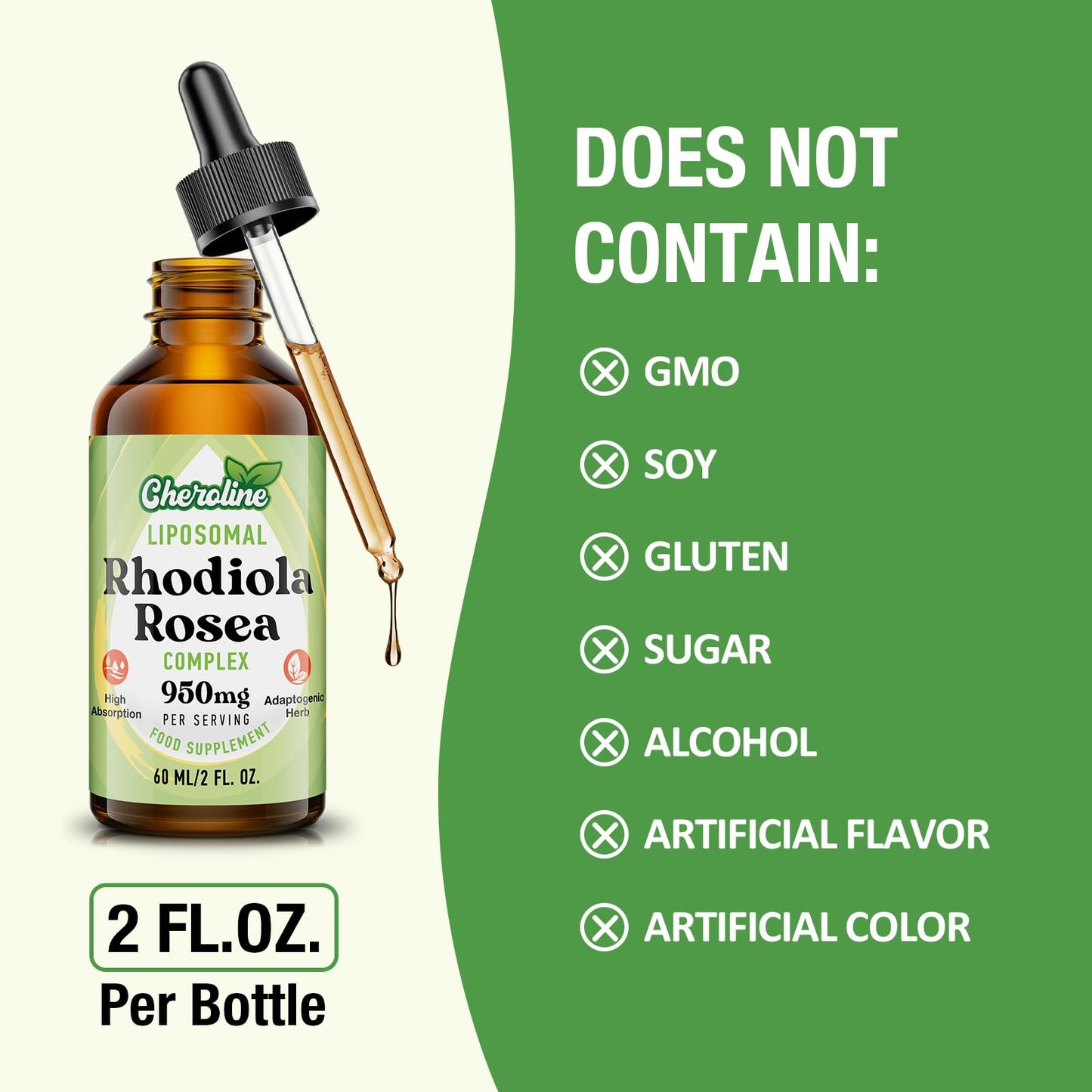 Cheroline Liposomal Rhodiola Rosea 950 mg, 9-in-1 rhodiola Rosea Drops 60 ml, Rhodiola Root Liquid Tincture, Vegan Adaptogenic Herb Supplement for Energy, Stress & Mood (Pack of 1)