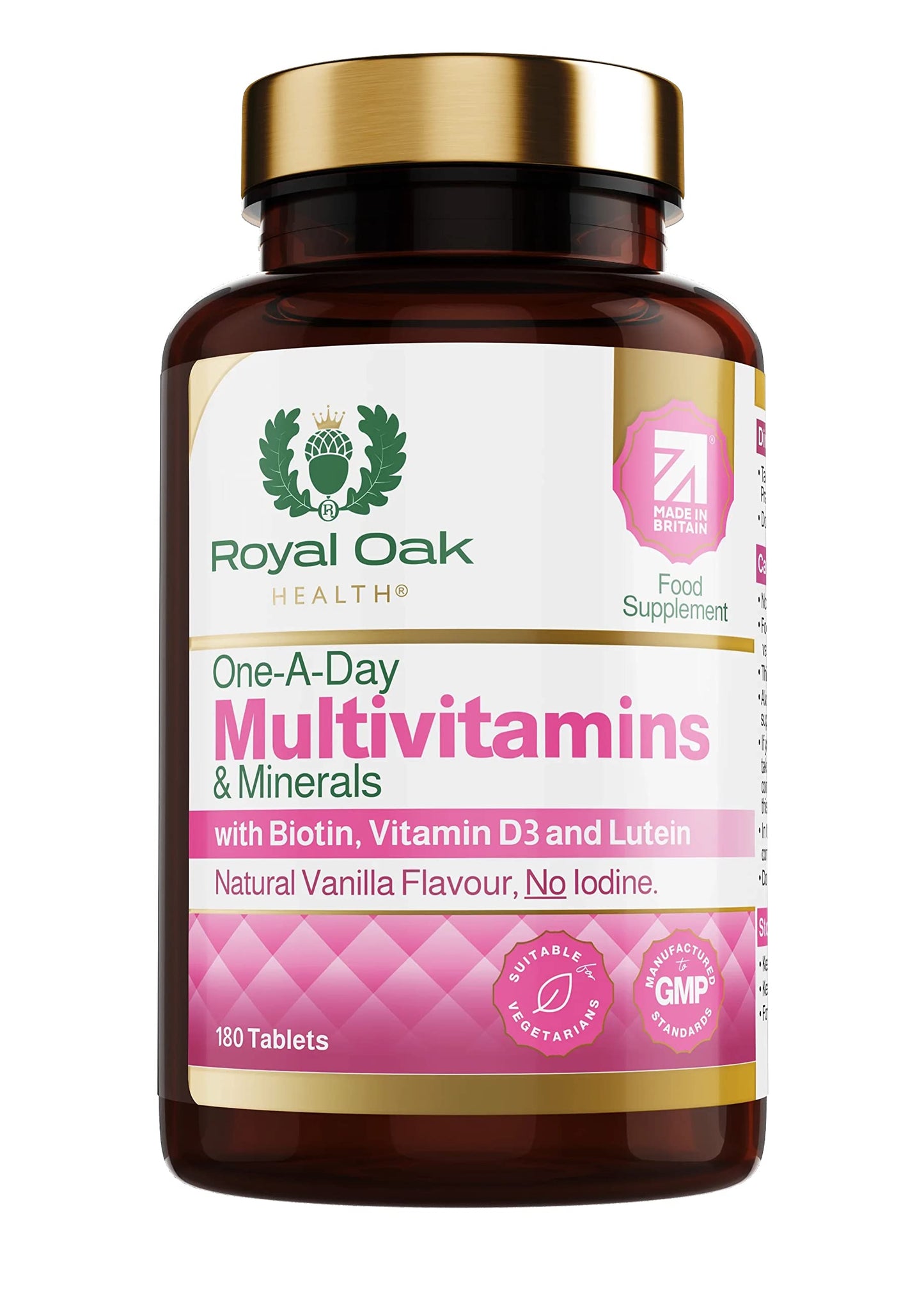 Royal Oak Health Multi Vitamins and Minerals with Biotin, Vitamin D3 and Lutein with Natural Vanilla Flavour & No Iodine, 180 Tablets Pack