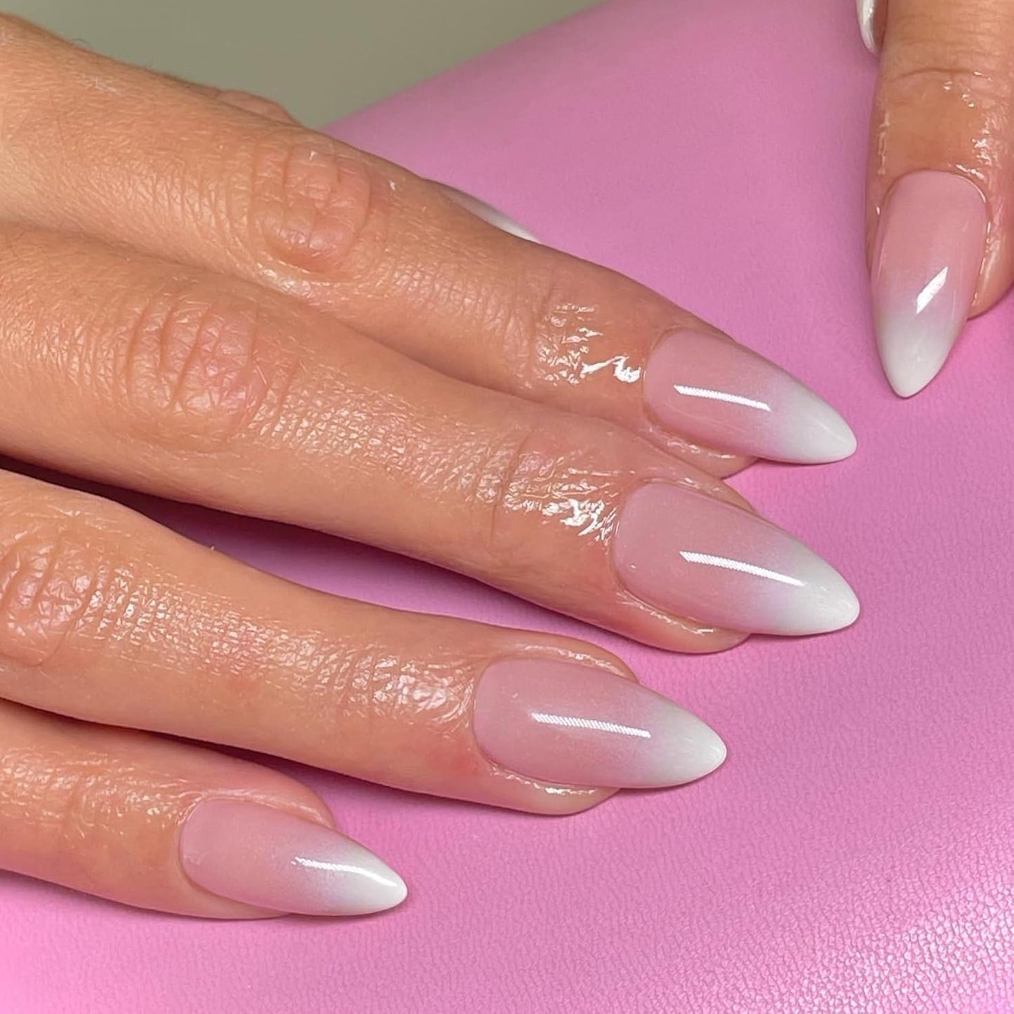 KQueenest Ombre Press on Nails Almond, French Tip False Nails Medium Stiletto, Gradient White Pink Fake Nails Press ons, Perfectly Fit, Reusable Gel Stick on Nail for Women Daily Wear, 30 Pcs