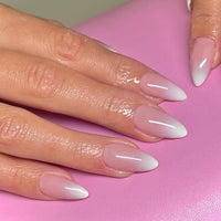 KQueenest Ombre Press on Nails Almond, French Tip False Nails Medium Stiletto, Gradient White Pink Fake Nails Press ons, Perfectly Fit, Reusable Gel Stick on Nail for Women Daily Wear, 30 Pcs