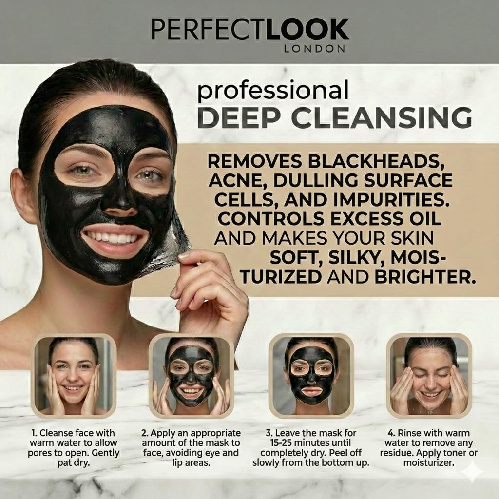 PERFECT LOOK LONDON Perfect Look London Peel-Off Face Mask for Blackhead Remover & Acne – Deep Pore Cleanser with Bamboo Charcoal & Kaolin – Unclogs Pores & Controls Oil