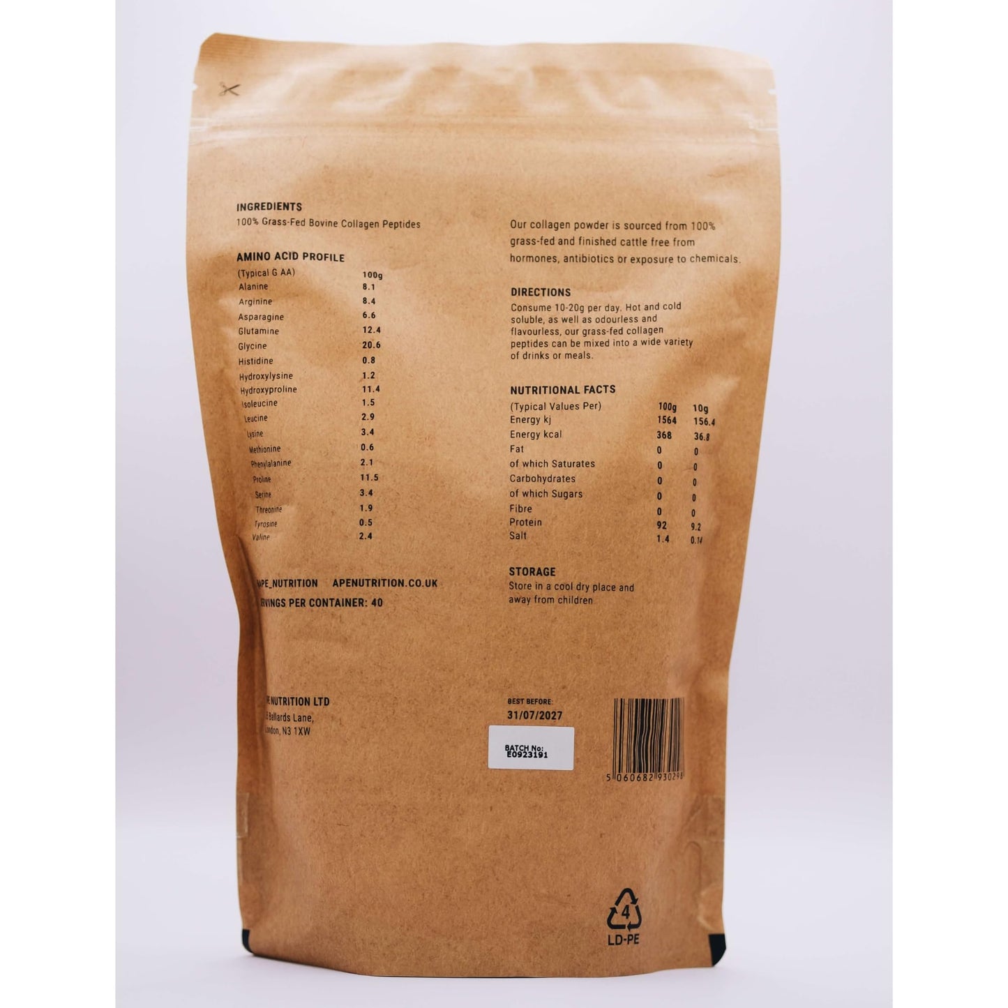 APE Nutrition Collagen Powder Peptides - Type 1 & 3 Bovine Collagen Protein, 100% Grass-Fed & Finished, Ancestral Supplement UK, Unflavoured, Improves Hair Skin & Nail Health