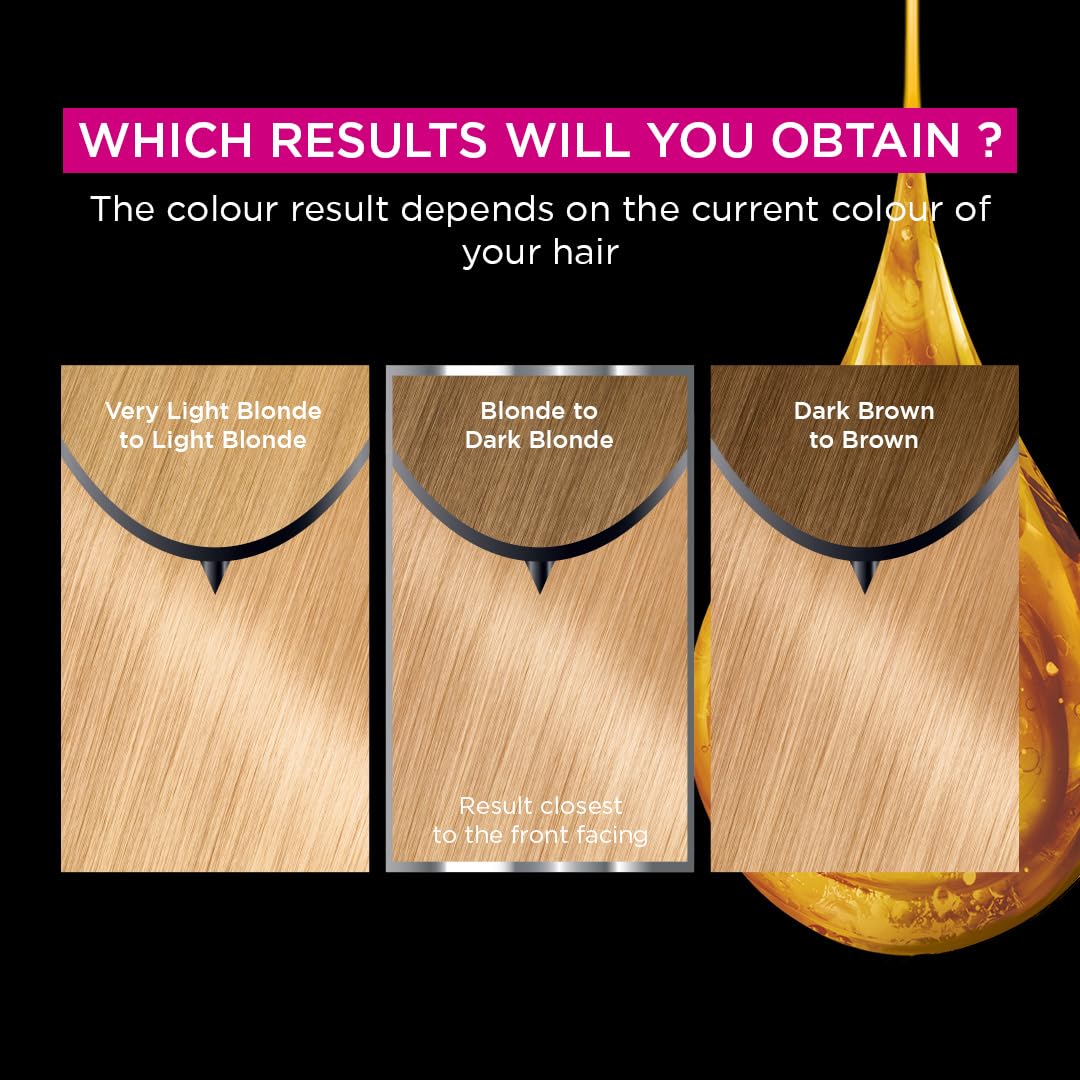 Garnier Olia 9.3 Gold Light Blonde, oil-powered, no-ammonia. 100% grey coverage. Luminous, long-lasting, vibrant gold light blonde color with exceptional shine.