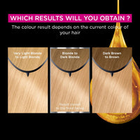Garnier Olia 9.3 Gold Light Blonde, oil-powered, no-ammonia. 100% grey coverage. Luminous, long-lasting, vibrant gold light blonde color with exceptional shine.