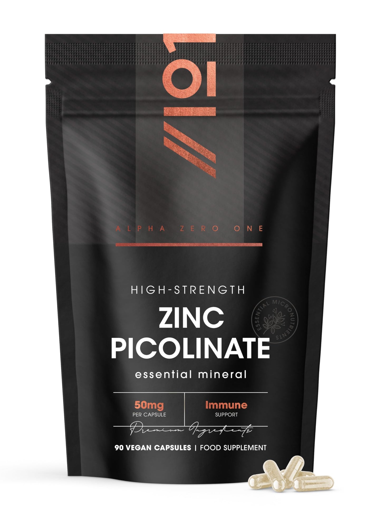 ALPHA01 Zinc Picolinate 50mg – 90 Vegan Capsules (3 Months Supply) – 500% Daily NRV - Elemental Zinc Picolinate - Resealable and Recyclable Pouch – by Alpha01