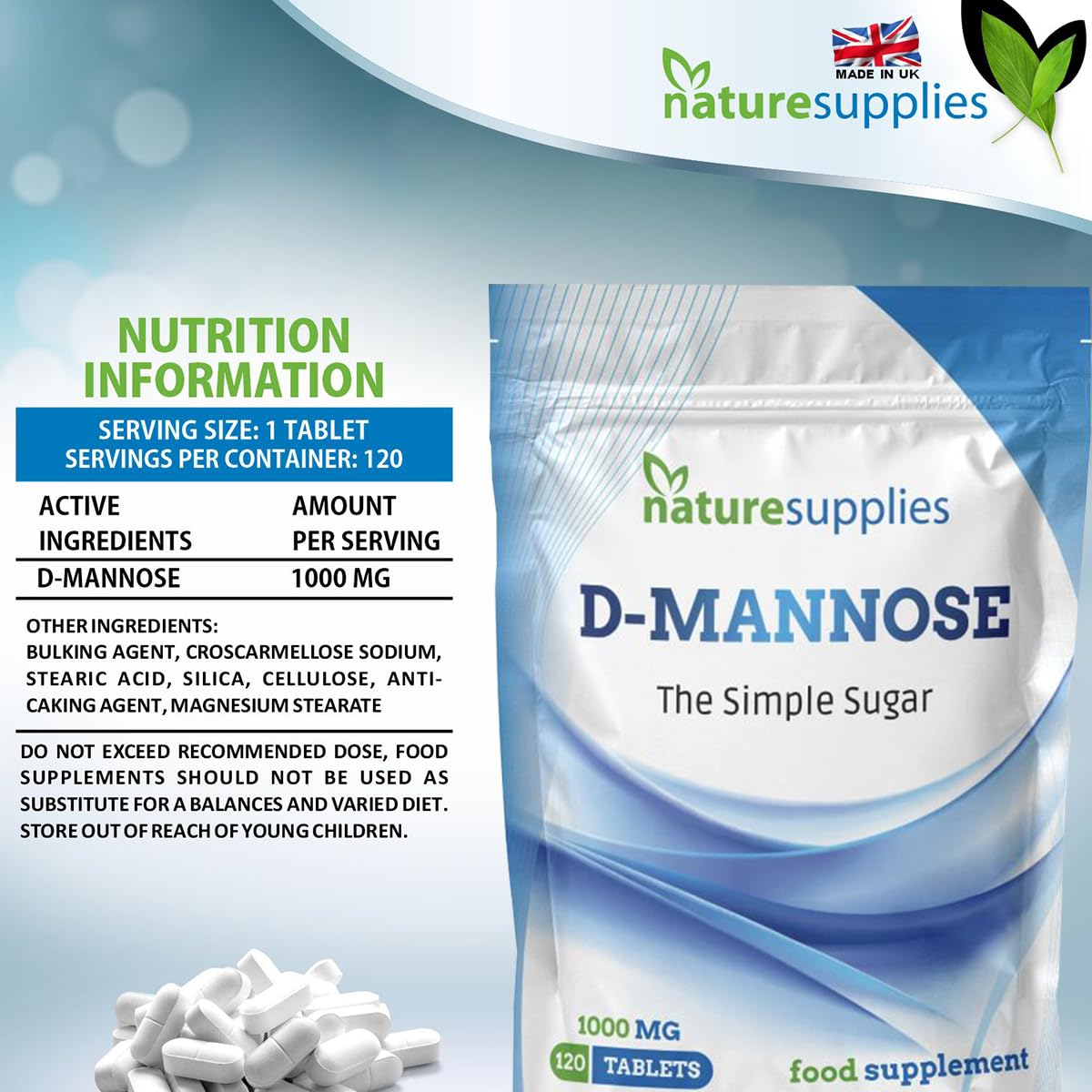 naturesupplies D-mannose Tablets 1000mg, 120 Pack - Vegan Friendly - Premium Coated High Strength Tablets - Naturesupplies
