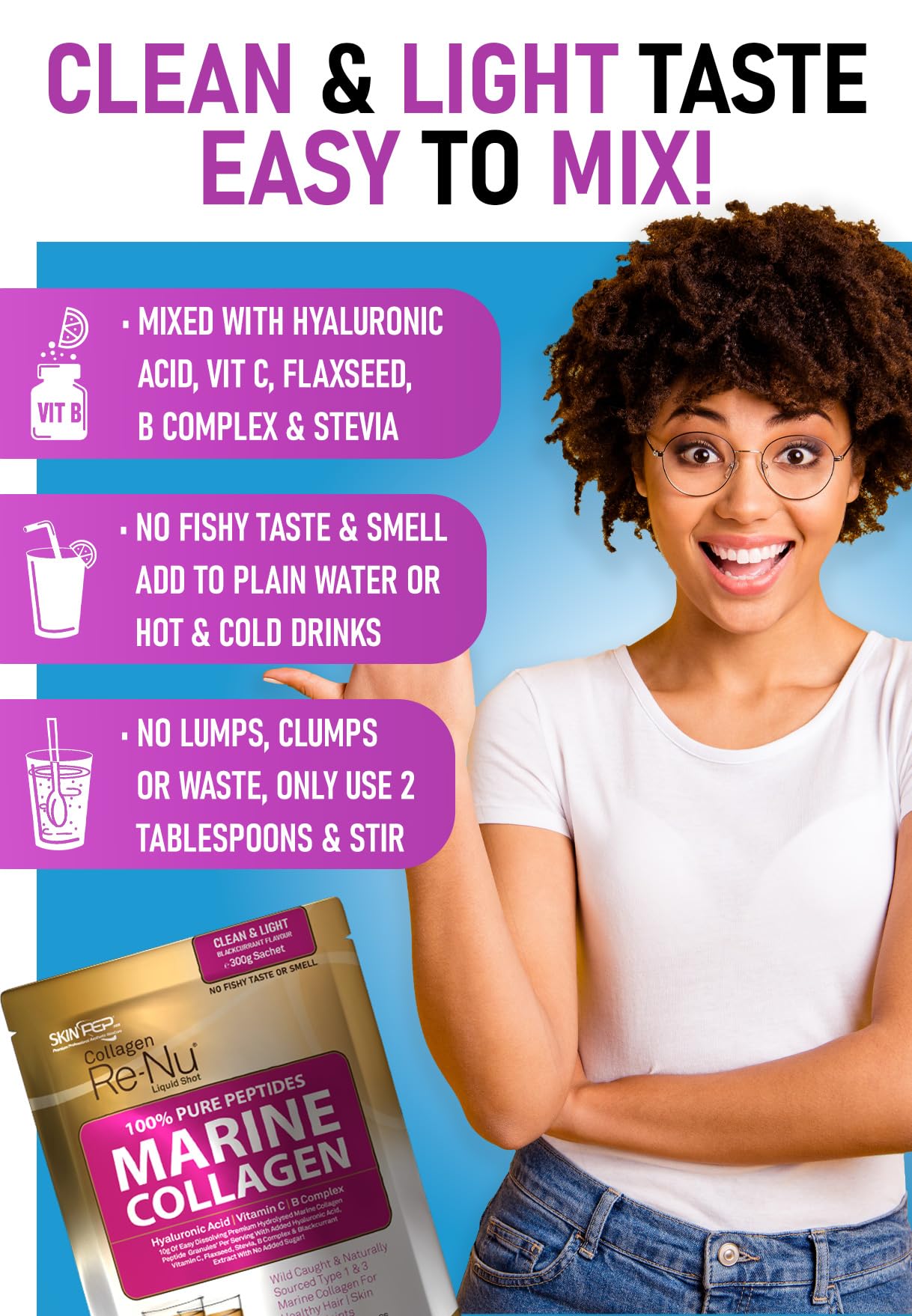 Premium Hydrolysed Marine Collagen Peptide Powder + VIT C, B Complex Hyaluronic Acid, & Stevia. Delicious Taste/No Fishy Smell - SkinPep® Collagen Re-Nu 300g - 30 Days Supply